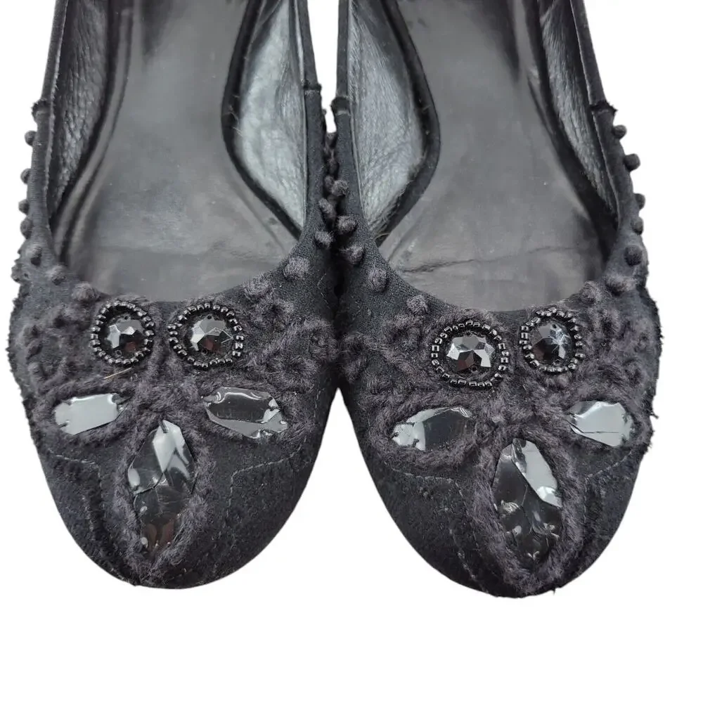 Tory Burch Ballet Flats Womens 7‎ Black Fabric Crochet Large Jewel Detail Preppy